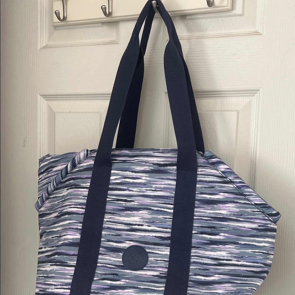 Kipling Navy, Lavender and Gray Striped Canvas Tote